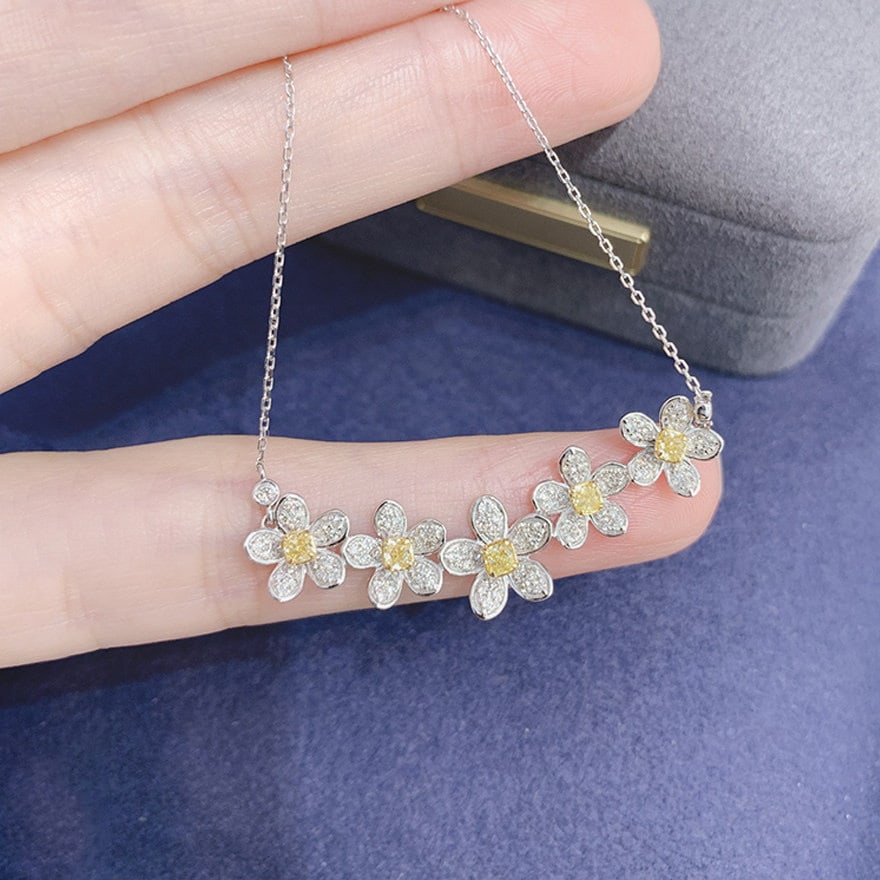 14k Gold 1.00 Ctw Natural Yellow Diamond & Diamond & Flowers Necklace: Ref:231196292 // gold content:14k gold // main gemstone:yellow diamond // shape:cushion // carat weight:0. 45ct // color:yellow // treatment:natural // // adjacent gemstone 2 : diamond // shape:round 