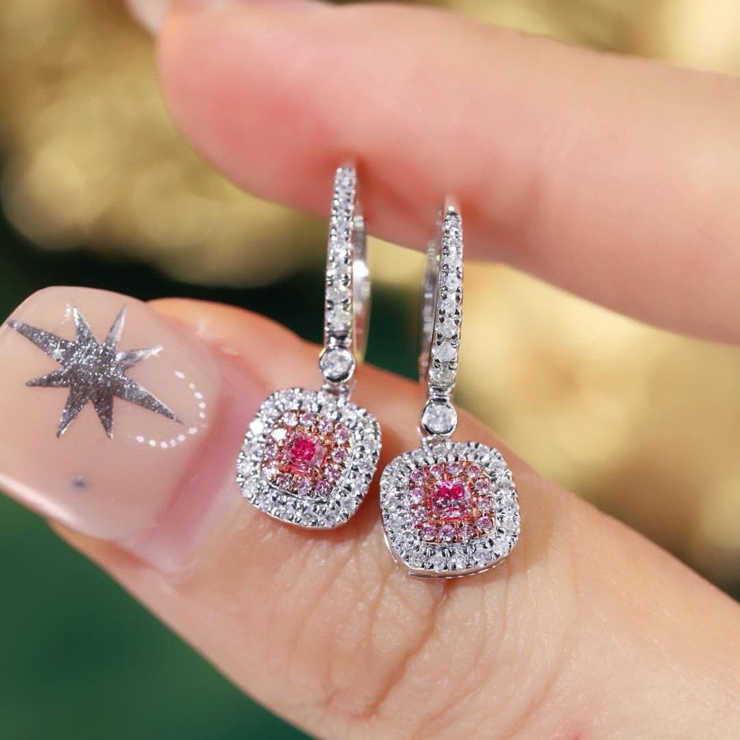 14k Gold 0.60 Ctw Natural Pink Diamond & Diamond Earrings: Ref:231196335 // gold content:14k gold // main gemstone:pink diamond // shape:cushion // carat weight:0. 12ct // color:pink // treatment:natural // // adjacent gemstone 2 : diamond // shape:round //