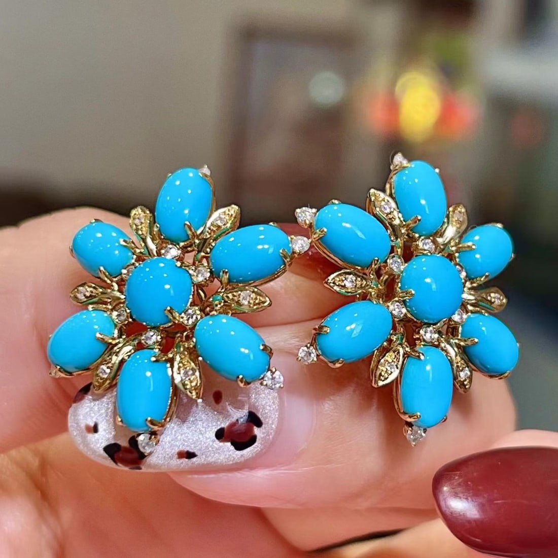 14k Gold 6.31 Ctw Natural Blue Turquoise & Diamond Earrings: Ref:231196305 // gold content:14k gold // main gemstone:blue turquoise // shape:multiple // carat weight:6. 08ct // color:blue // treatment:natural // // adjacent gemstone 2 : diamond // shape:round /