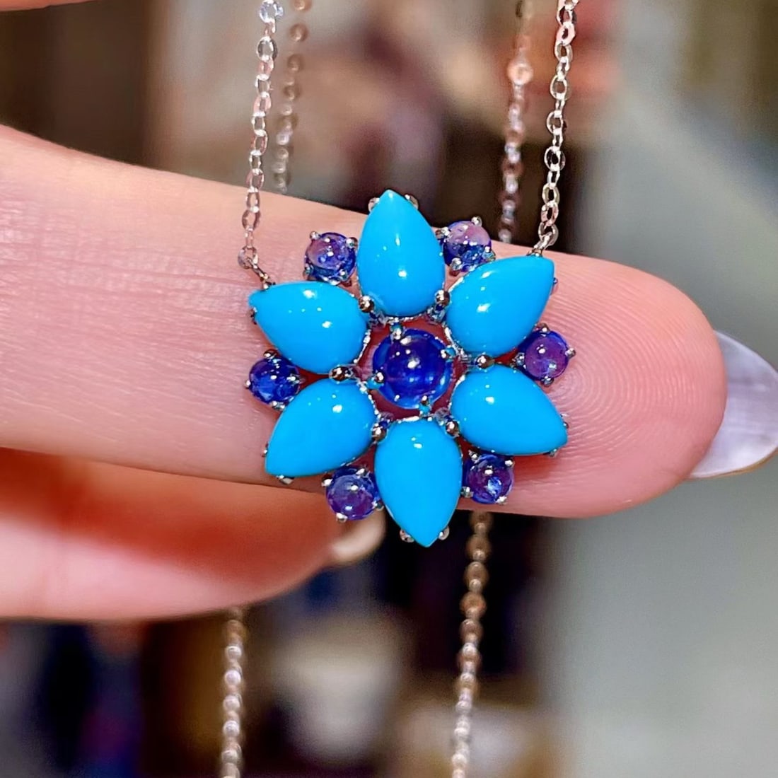 14k Gold 3.15 Ctw Natural Blue Turquoise & Sapphire Necklace: Ref:231196393 // gold content:14k gold // main gemstone:blue turquoise // shape:pear // carat weight:2. 37ct // color:blue // treatment:natural // // adjacent gemstone 2 : sapphire // shape:round // c