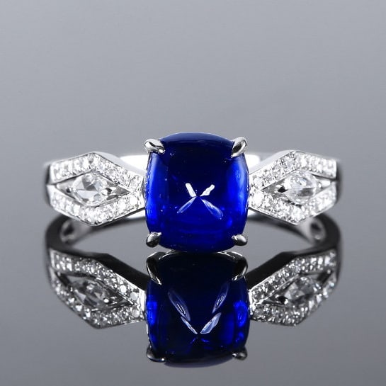 14k Gold 2.76 Ctw Natural Sapphire & Diamond Ring: Ref:231196447 // gold content:14k gold // ring size:7. 25us // // main gemstone:sapphire // shape:sugar-loaf // carat weight:2. 58ct // color:blue // treatment:natural // // adjacent gemstone 2 :