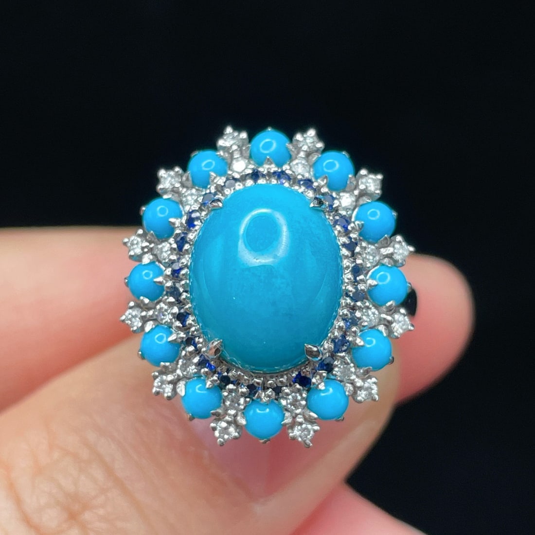 14k Gold 3.95 Ctw Natural Blue Turquoise & Diamond Ring: Ref:231173023 // gold content:14k gold // ring size:7. 25us // // main gemstone:blue turquoise // shape:multiple // carat weight:3. 75ct // color:blue // treatment:natural // // adjacent gemstone 2 :