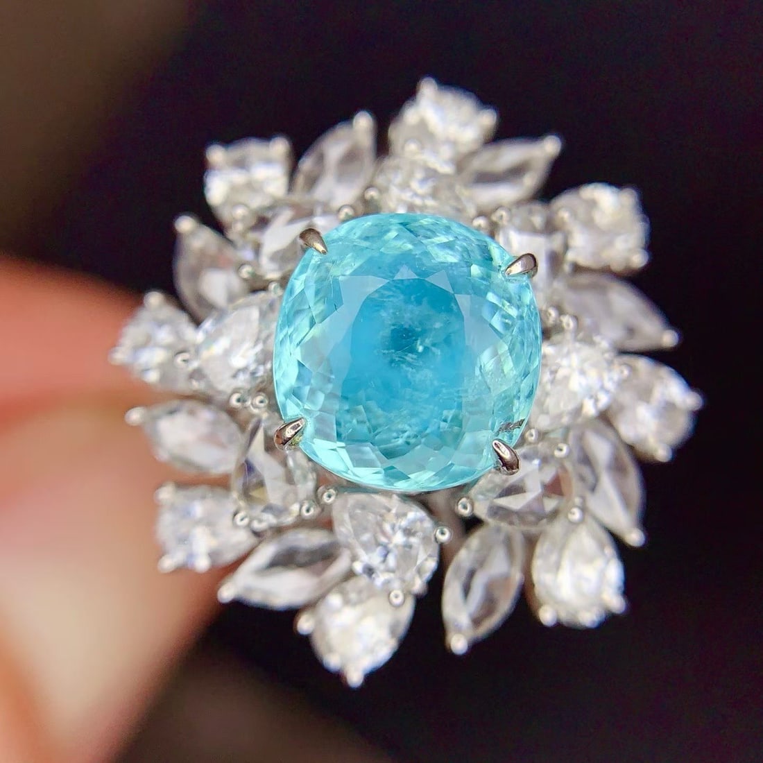 14k Gold 2.38 Ct Natural Paraiba Tourmaline & Diamond Ring/pendant( Without Chain ): Ref:231173021 // gold content:14k gold // ring size:7. 25us // // main gemstone:paraiba tourmaline // shape:oval // carat weight:2. 38ct // color:neon blue // treatment:natural // // adjacent