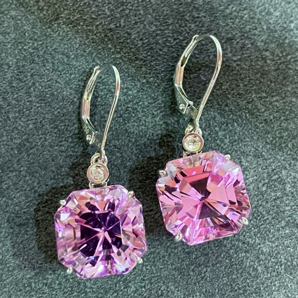 14k Gold 20.5 Ct Natural Kunzite & Diamond Earrings: Ref:231173059 // gold content:14k gold // main gemstone:kunzite // shape:asscher // carat weight:20. 5ct // color:pinkish purple // treatment:natural // // adjacent gemstone 2 : diamond //