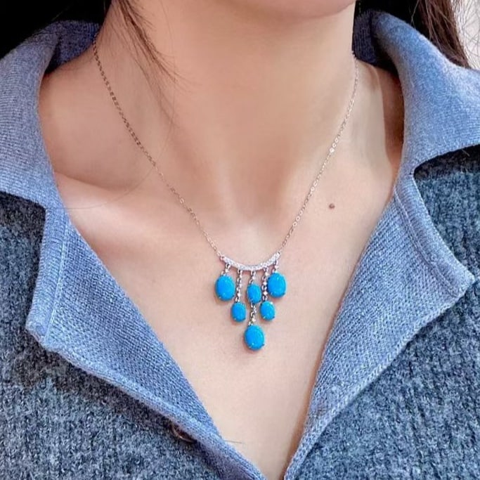 14k Gold 7.73 Ctw Natural Blue Turquoise & Diamond Necklace - 4