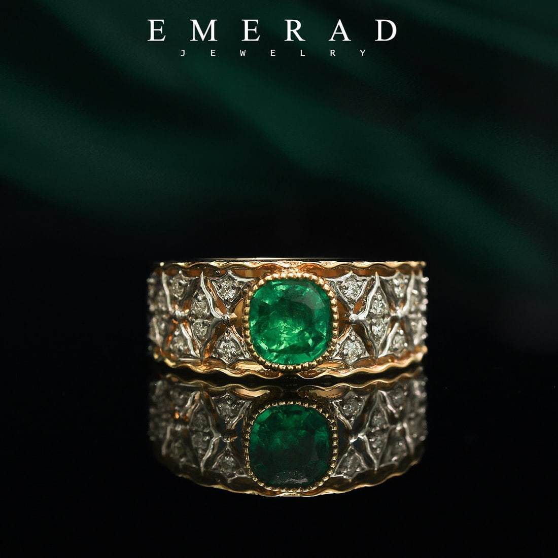 14k Gold 1.34 Ctw Vivid Green Natural Emerald & Diamond Ring: Ref:231173078 // gold content:14k gold // ring size:7. 25us // // main gemstone:emerald // shape:cushion // carat weight:0. 92ct // color:vivid green // treatment:natural // // adjacent gemstone 2 :