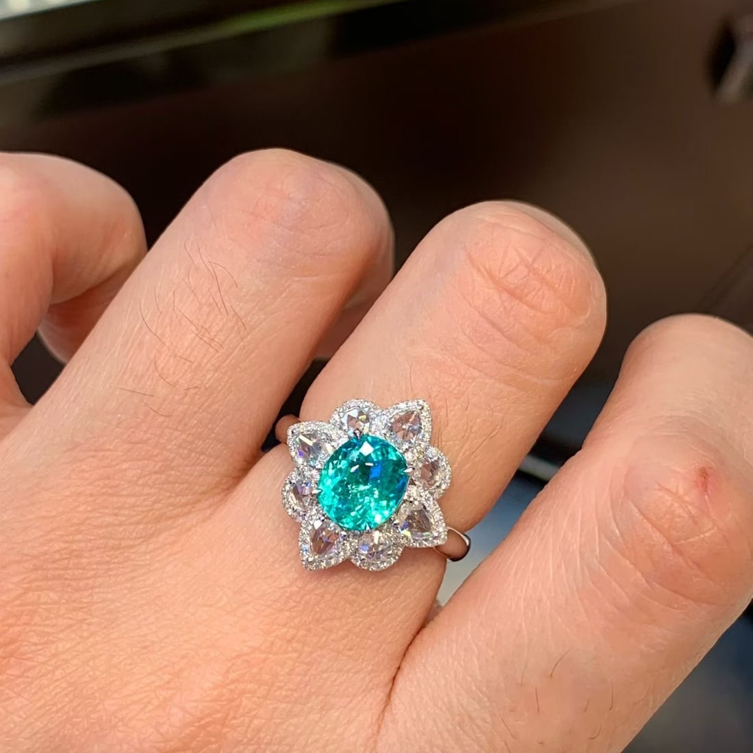 14k Gold 2.14 Ctw Natural Paraiba Tourmaline & Diamond Ring: Ref:231173120 // gold content:14k gold // ring size:7. 25us // // main gemstone:paraiba tourmaline // shape:oval // carat weight:1. 49ct // color:bluish green // treatment:natural // // adjacent gemst