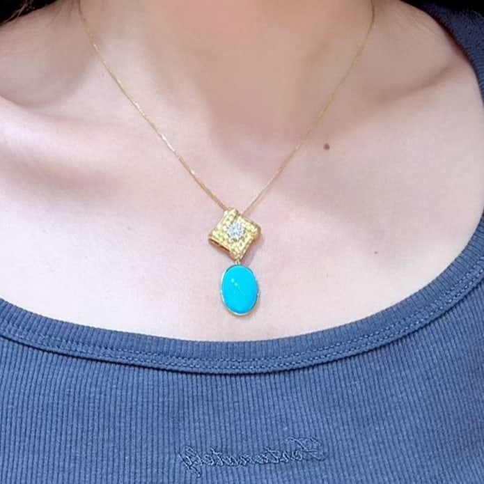 14k Gold 8.78 Ctw Natural Blue Turquoise & Diamond Pendant( Without Chain ) - 3