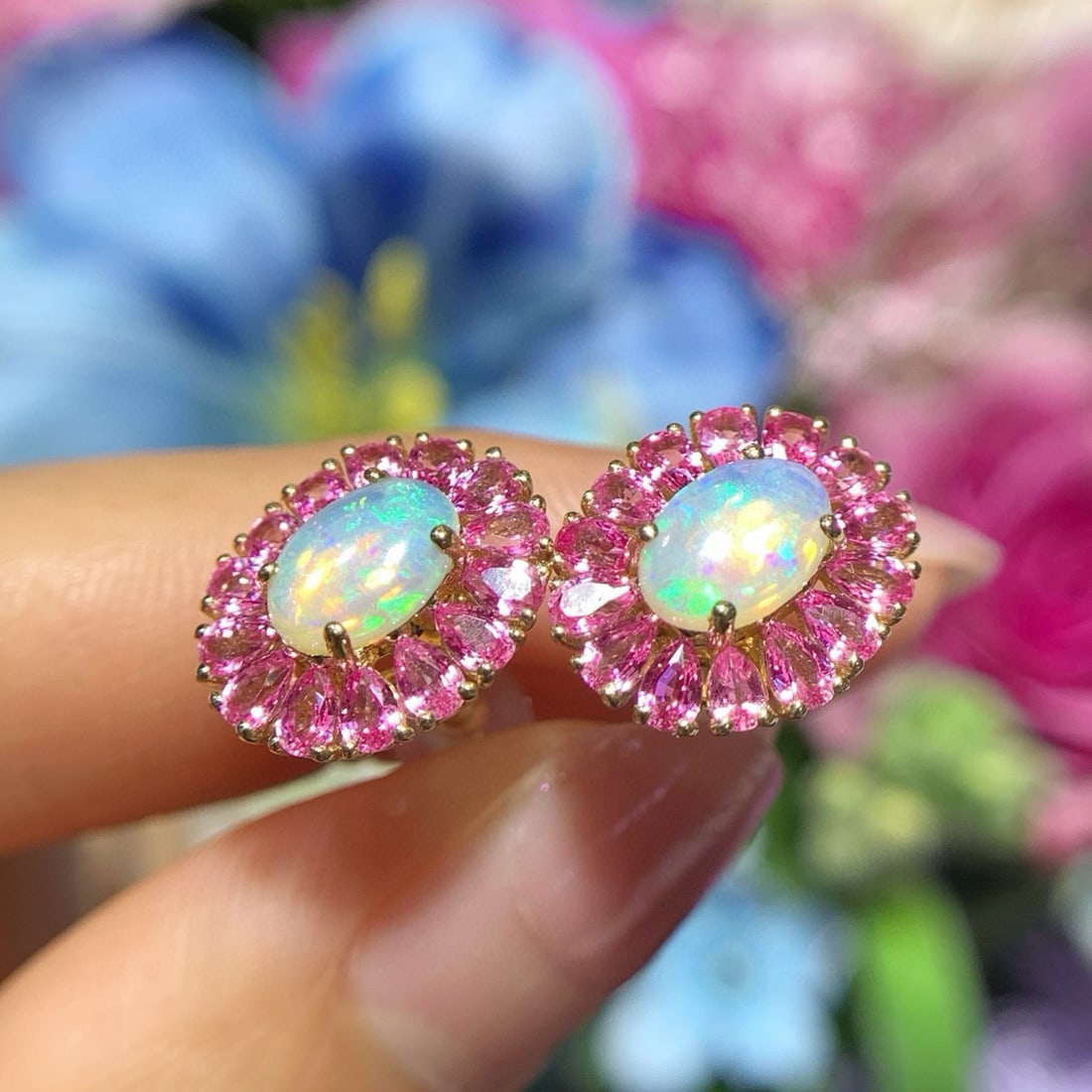 14k Gold 2.89 Ctw Natural Opal & Sapphire Earrings - 4