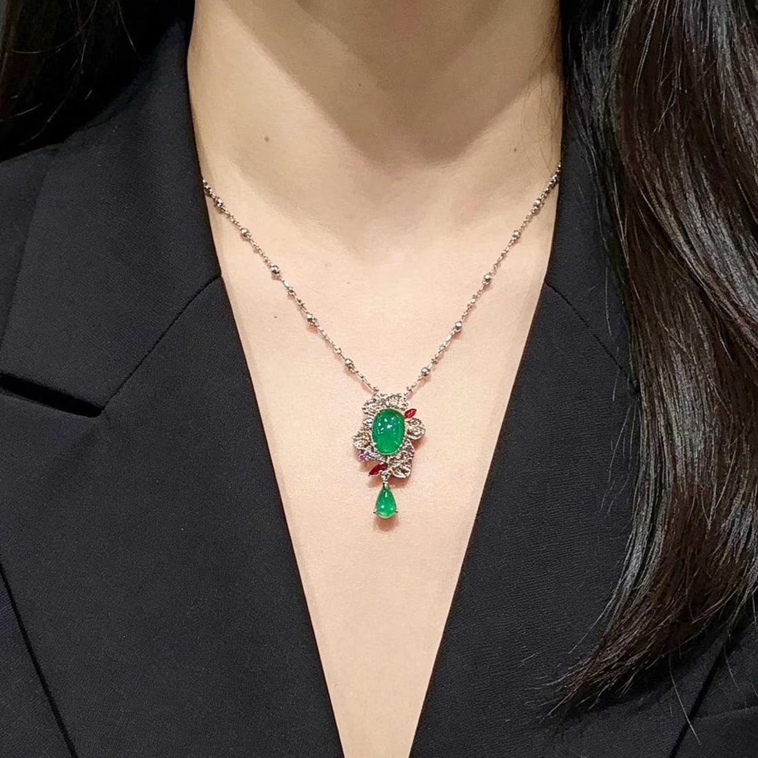 14k Gold 2.8 Ct Vivid Green Natural Emerald & Diamond & Coloured Gemstone Pendant( Without Chain ) - 4