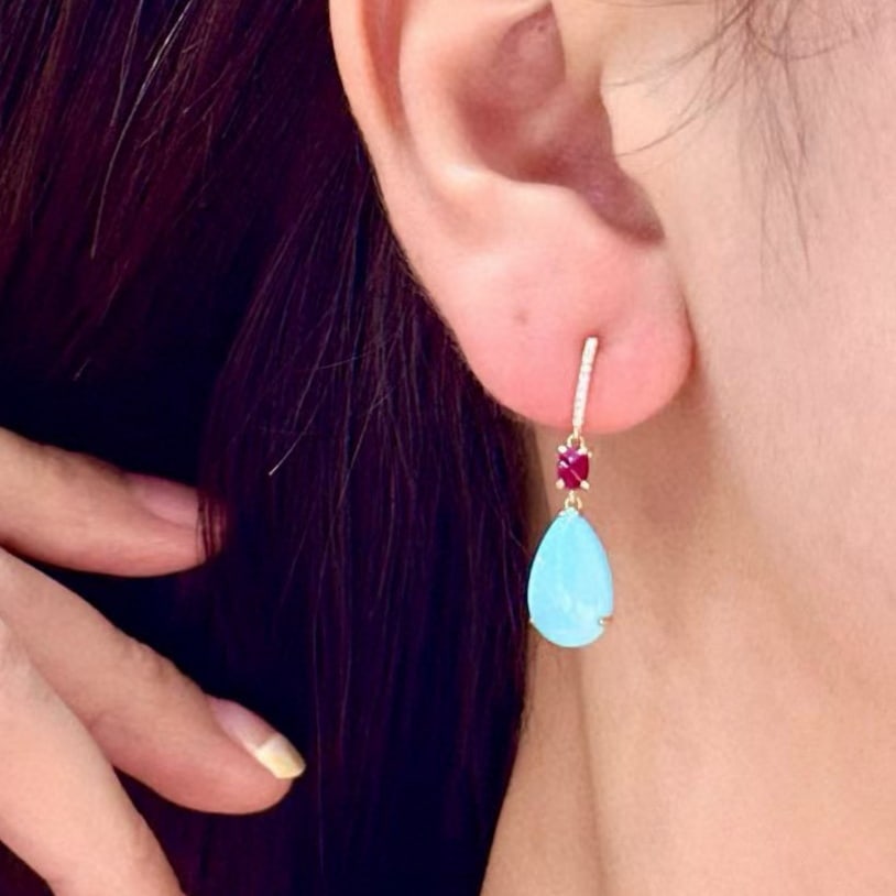 14k Gold 5.41 Ctw Natural Blue Turquoise & Ruby Earrings - 4