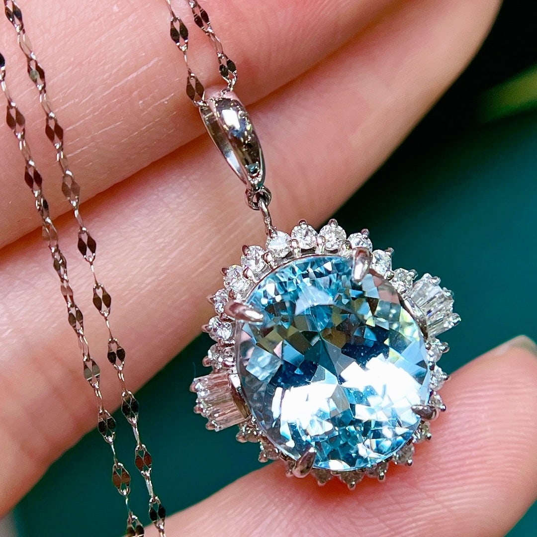 14k Gold 8.22 Ctw Natural Aquamarine & Diamond Pendant( Without Chain ) - 2