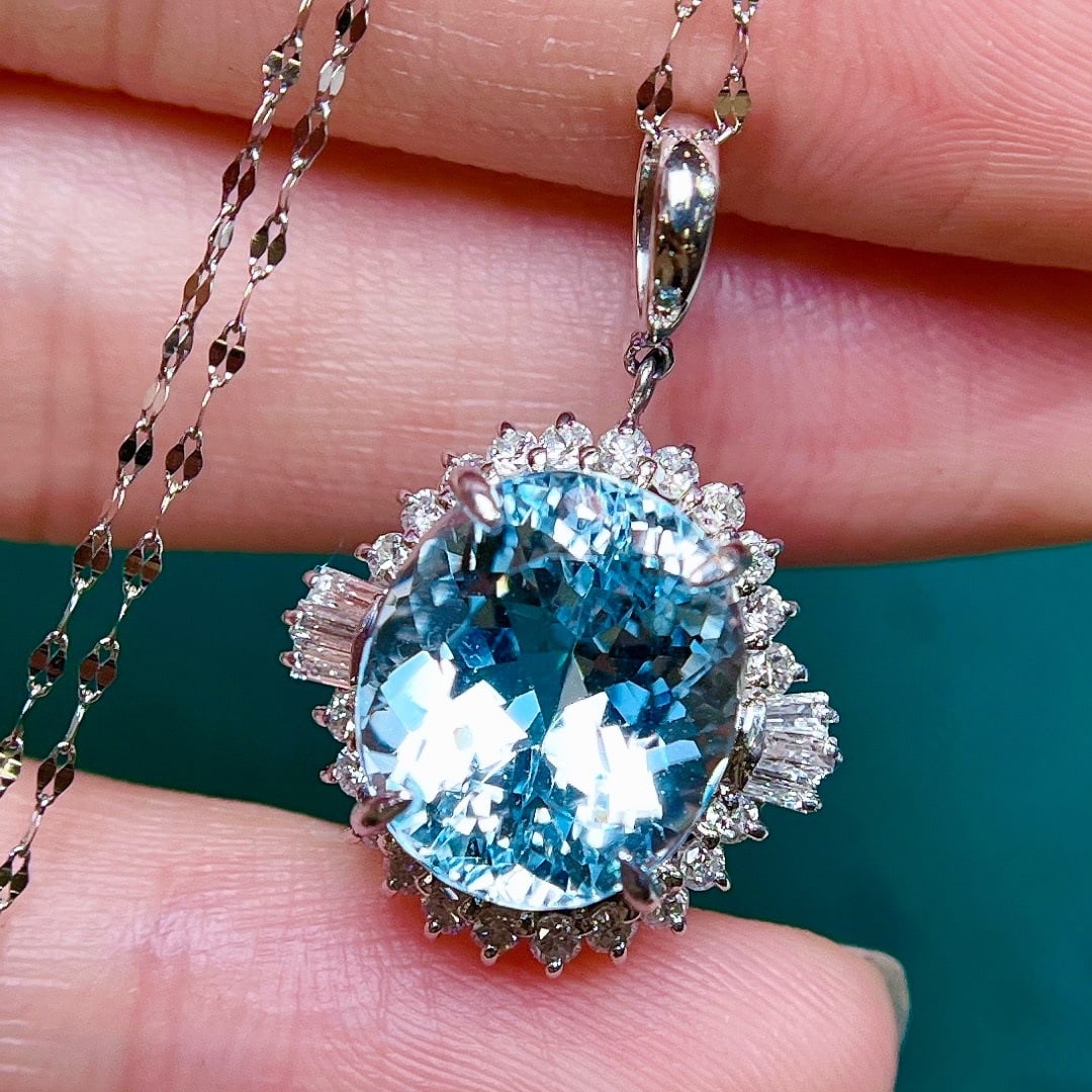 14k Gold 8.22 Ctw Natural Aquamarine & Diamond Pendant( Without Chain ) - 3