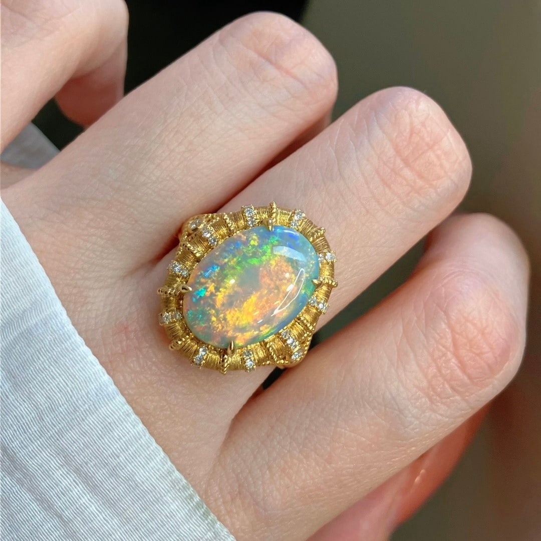 14k Gold 5.24 Ctw Natural Opal & Diamond Ring - 5