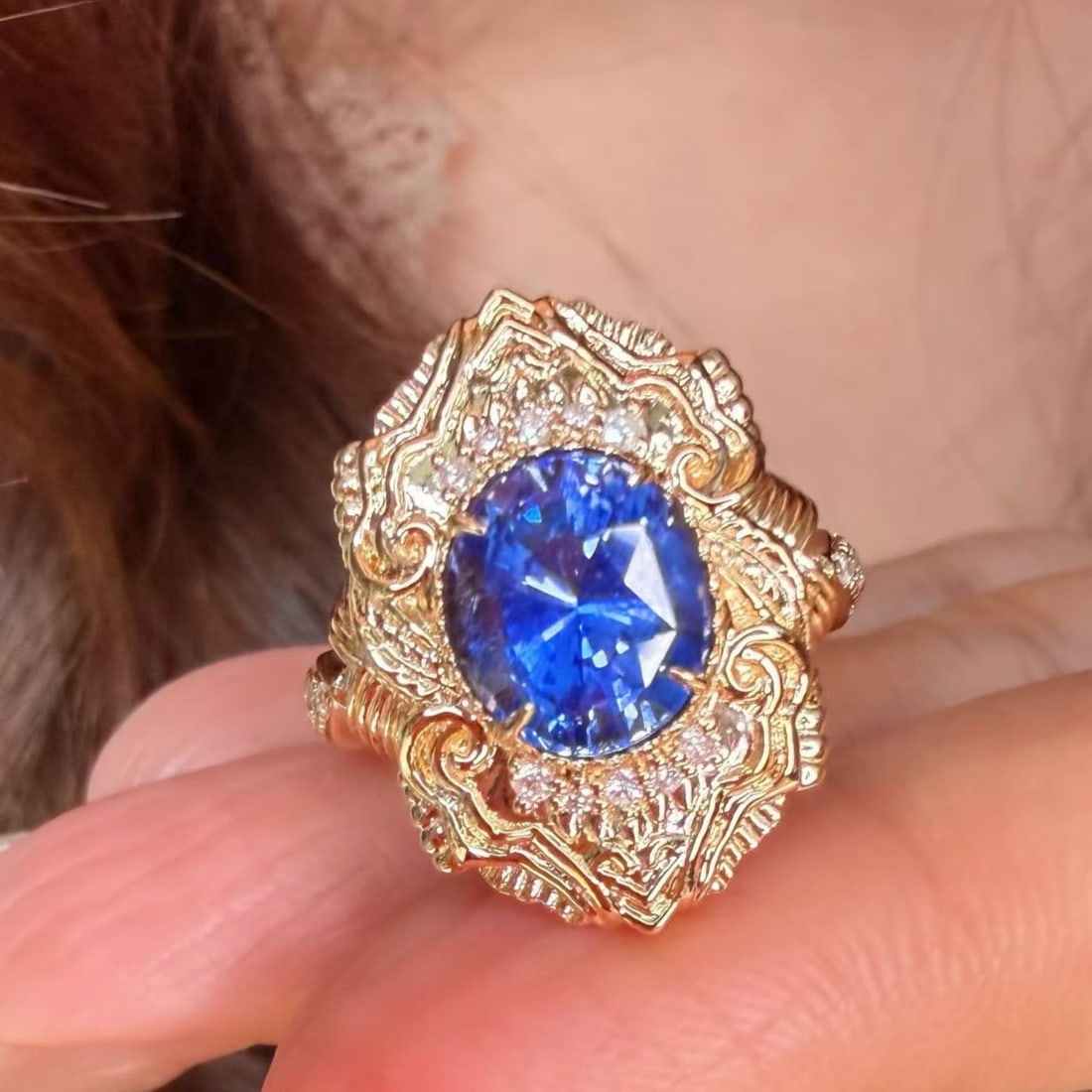 14k Gold 2.58 Ct Natural Sapphire & Diamond Ring: Ref:231173185 // gold content:14k gold // ring size:7. 25us // // main gemstone:sapphire // shape:oval // carat weight:2. 58ct // color:blue // treatment:natural // // adjacent gemstone 2 : diamond