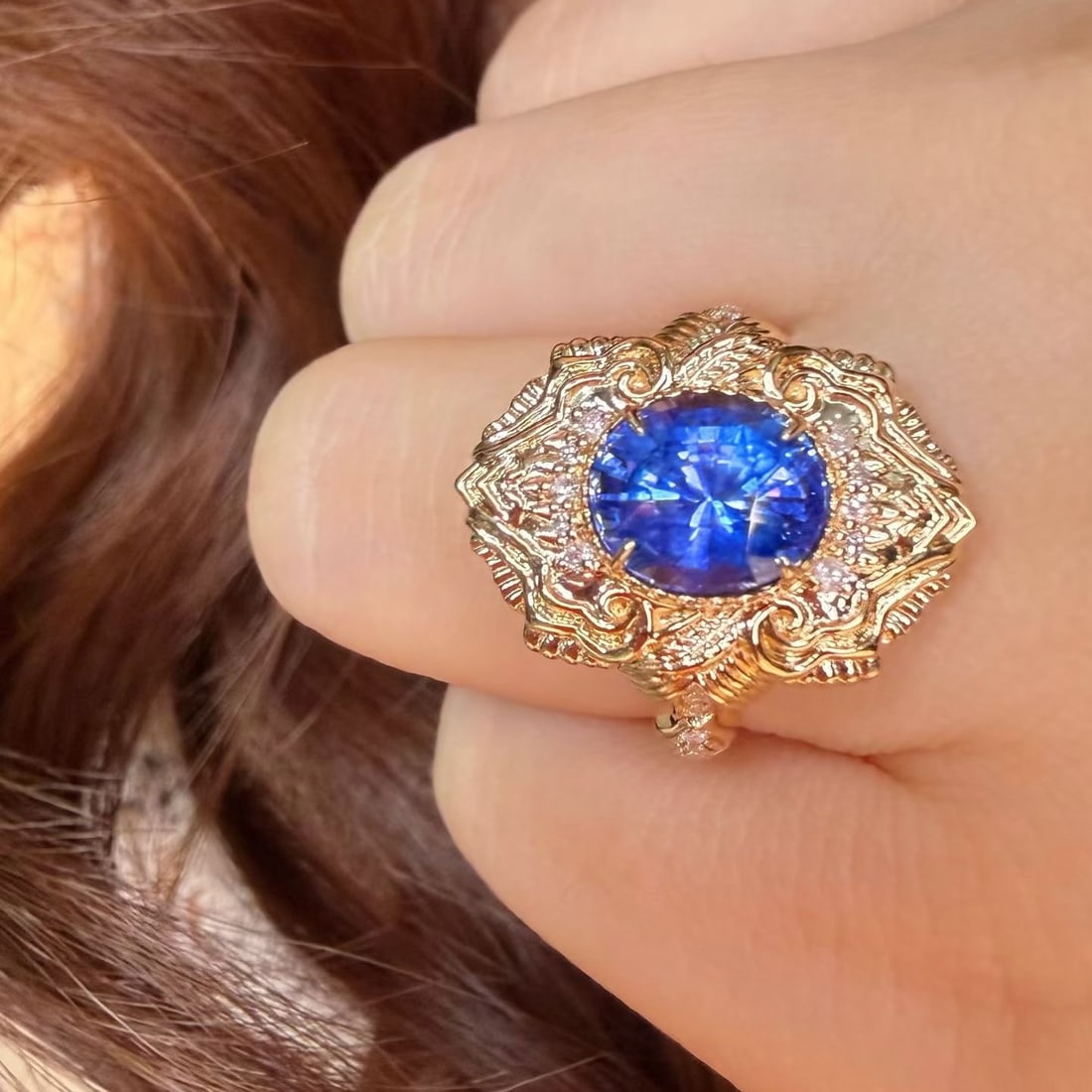 14k Gold 2.58 Ct Natural Sapphire & Diamond Ring - 7