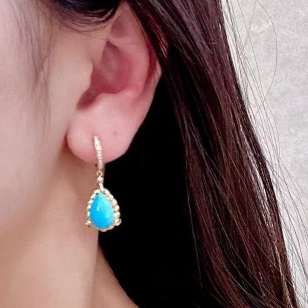 14k Gold 5.63 Ctw Natural Blue Turquoise & Diamond Earrings - 4