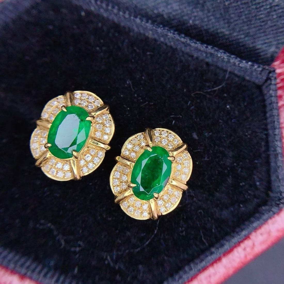 14k Gold 1 Ct Natural Emerald & Diamond Earrings - 2