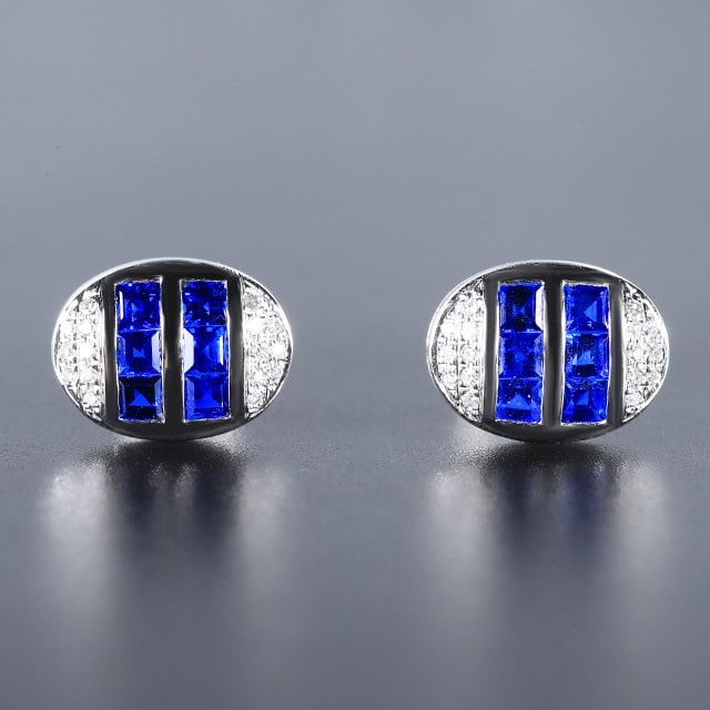 14k Gold 1.73 Ctw Natural Sapphire & Diamond Earrings: Ref:231174004 // gold content:14k gold // main gemstone:sapphire // shape:square // carat weight:1. 64ct // color:blue // treatment:natural // // adjacent gemstone 2 : diamond // number of stones:32