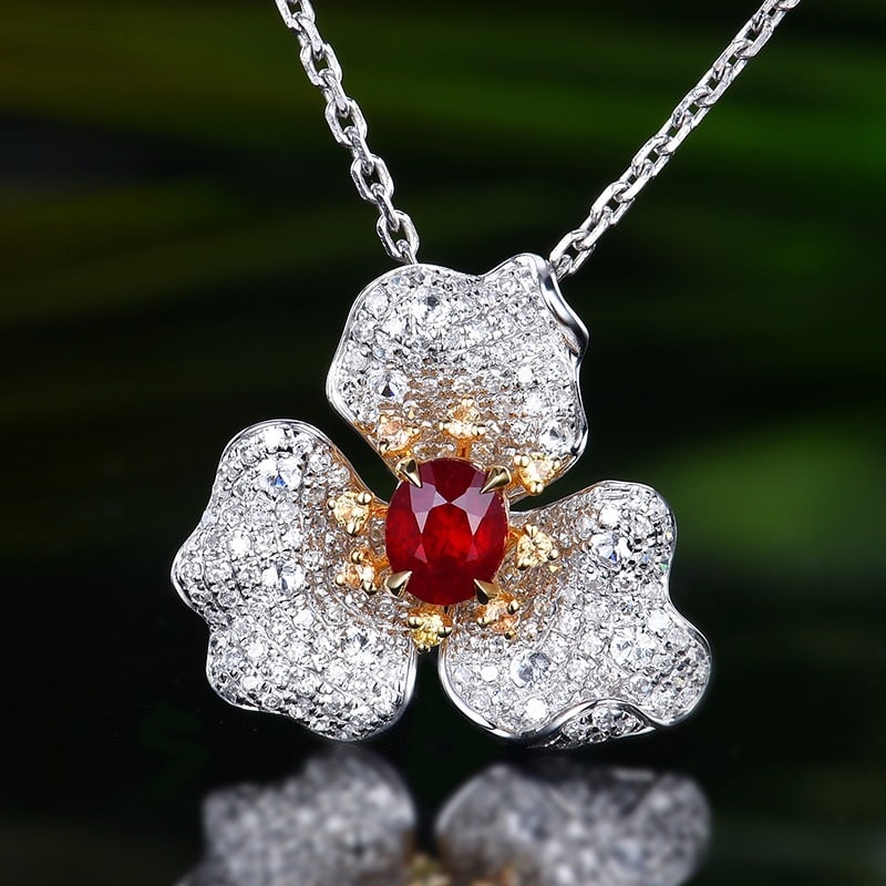 14k Gold 1.13 Ctw Natural Ruby & Diamond & Flowers Pendant( Without Chain ): Ref:231174029 // gold content:14k gold // main gemstone:ruby // shape:oval // carat weight:0. 62ct // color:pigeonblood red // treatment:natural // // adjacent gemstone 2 : diamond // number of