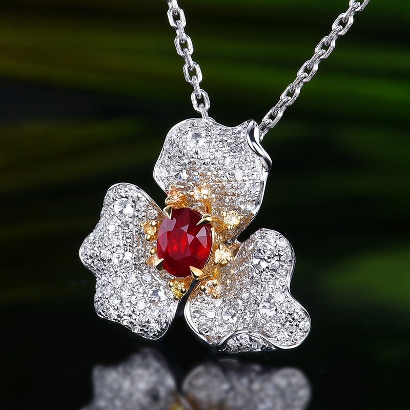 14k Gold 1.13 Ctw Natural Ruby & Diamond & Flowers Pendant( Without Chain ) - 2
