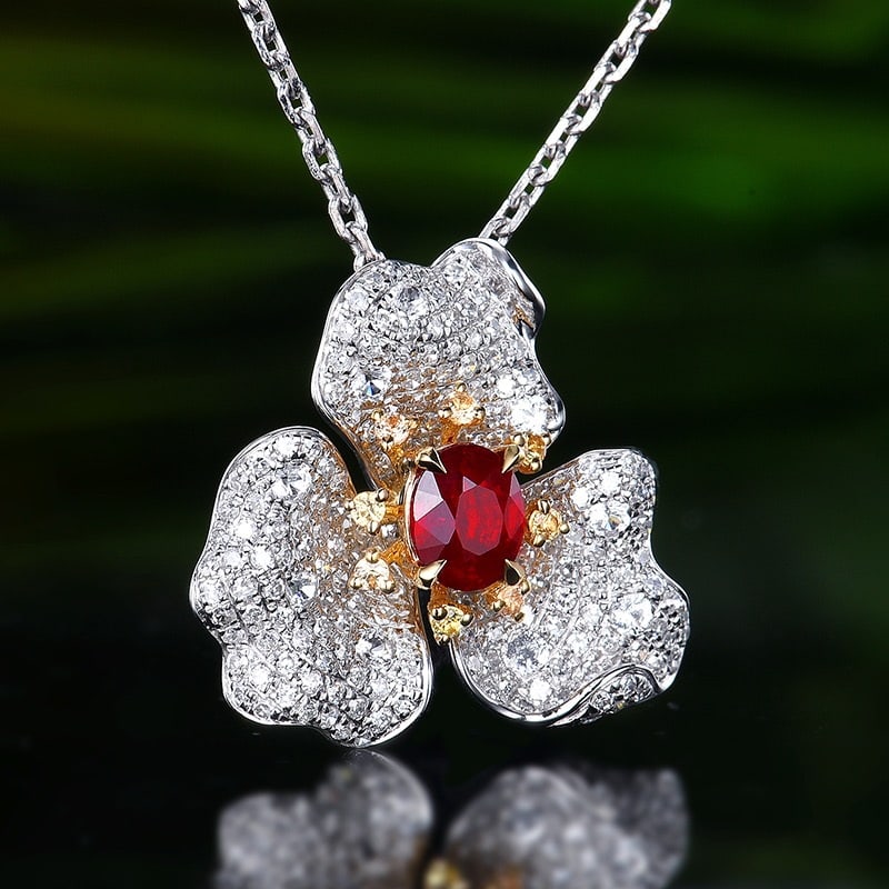 14k Gold 1.13 Ctw Natural Ruby & Diamond & Flowers Pendant( Without Chain ) - 3