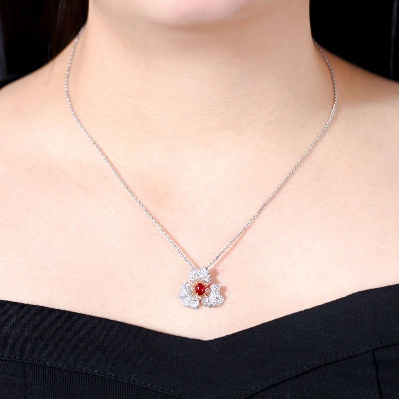 14k Gold 1.13 Ctw Natural Ruby & Diamond & Flowers Pendant( Without Chain ) - 4