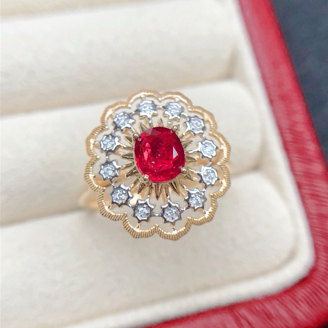 14k Gold 1.56 Ctw Natural Ruby & Diamond Ring: Ref:231174063 // gold content:14k gold // ring size:7. 25us // // main gemstone:ruby // shape:oval // carat weight:1. 02ct // color:red // treatment:natural // // adjacent gemstone 2 : diamond //