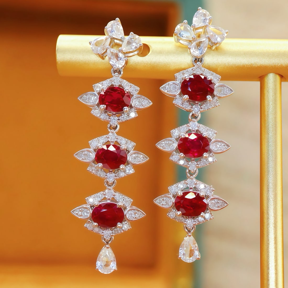 14k Gold 2.22 Ctw Natural Ruby & Diamond Earrings: Ref:231174113 // gold content:14k gold // main gemstone:ruby // shape:oval // carat weight:1. 90ct // color:pigeonblood red // treatment:natural // // adjacent gemstone 2 : diamond // number of