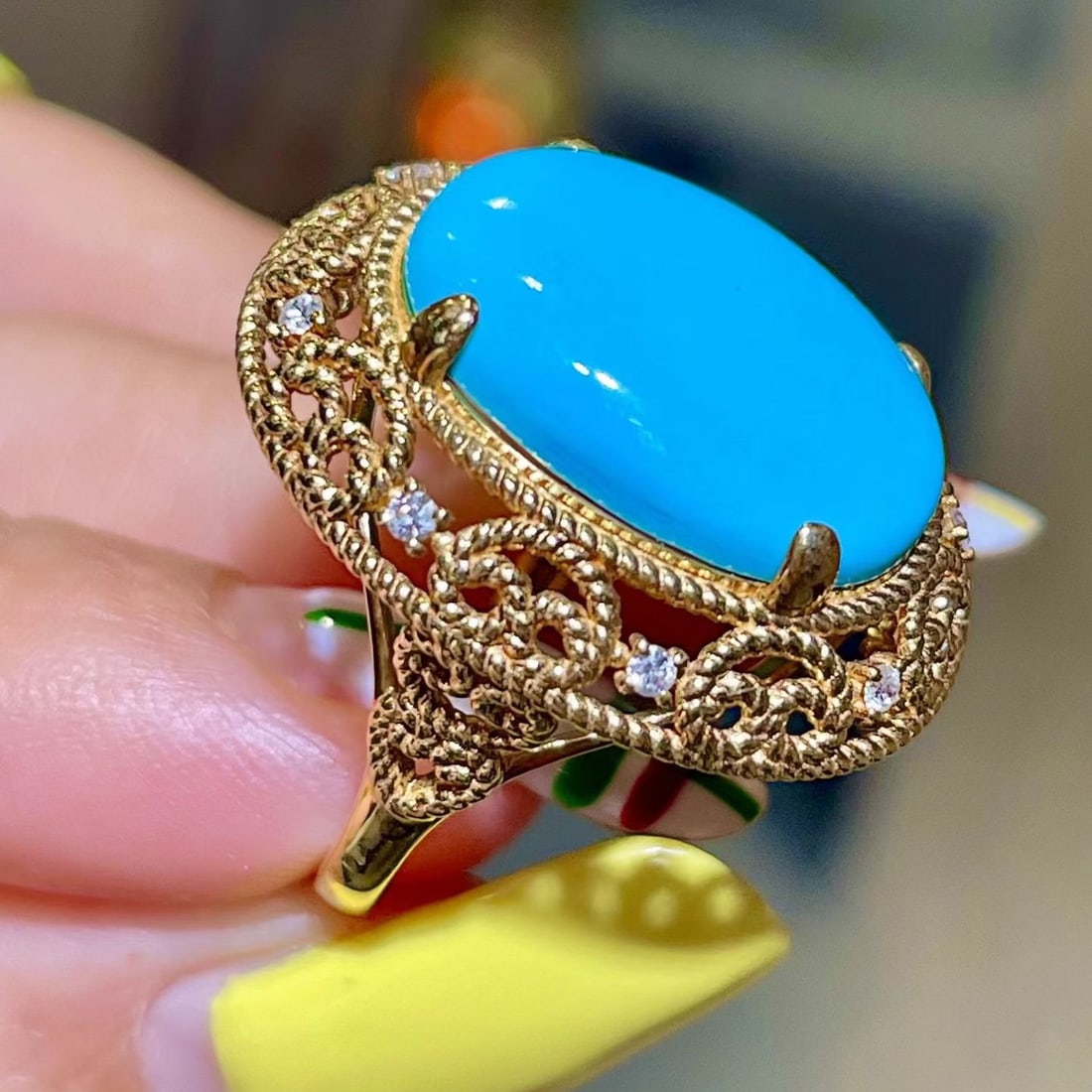 14k Gold 8.22 Ctw Natural Blue Turquoise & Diamond Ring - 3