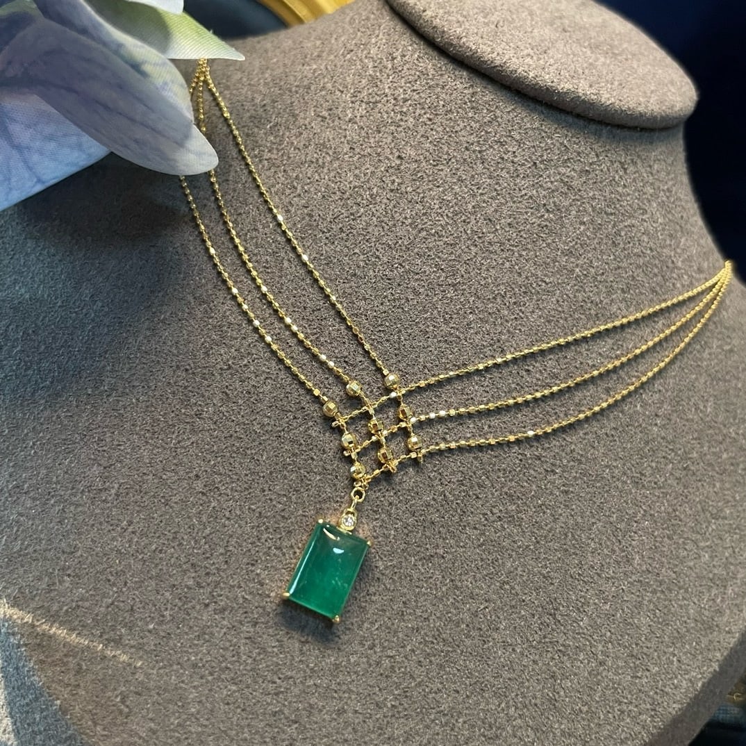 14k Gold 2.10 Ct Natural Emerald & Diamond Necklace - 5