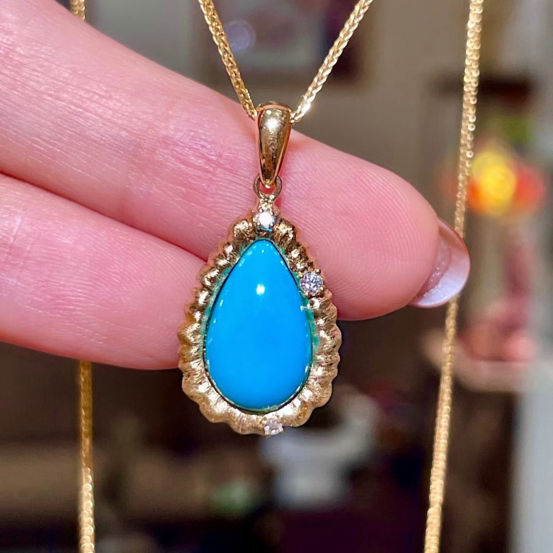 14k Gold 3.13 Ctw Natural Blue Turquoise & Diamond Pendant( Without Chain ): Ref:231174155 // gold content:14k gold // main gemstone:blue turquoise // shape:pear // carat weight:3. 09ct // color:blue // treatment:natural // // adjacent gemstone 2 : diamond // shape:round //