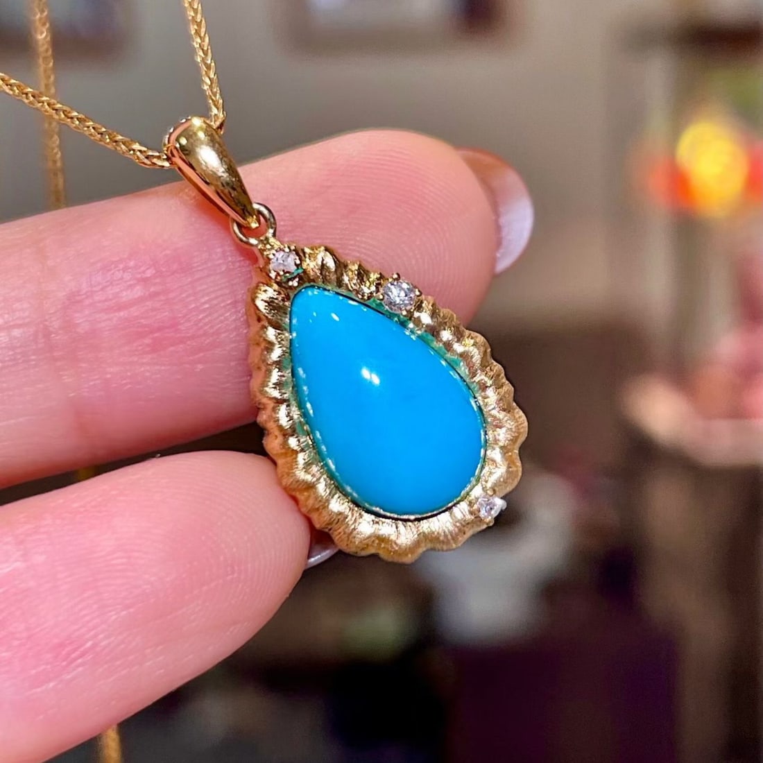 14k Gold 3.13 Ctw Natural Blue Turquoise & Diamond Pendant( Without Chain ) - 2
