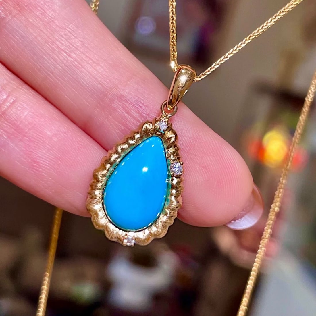 14k Gold 3.13 Ctw Natural Blue Turquoise & Diamond Pendant( Without Chain ) - 3