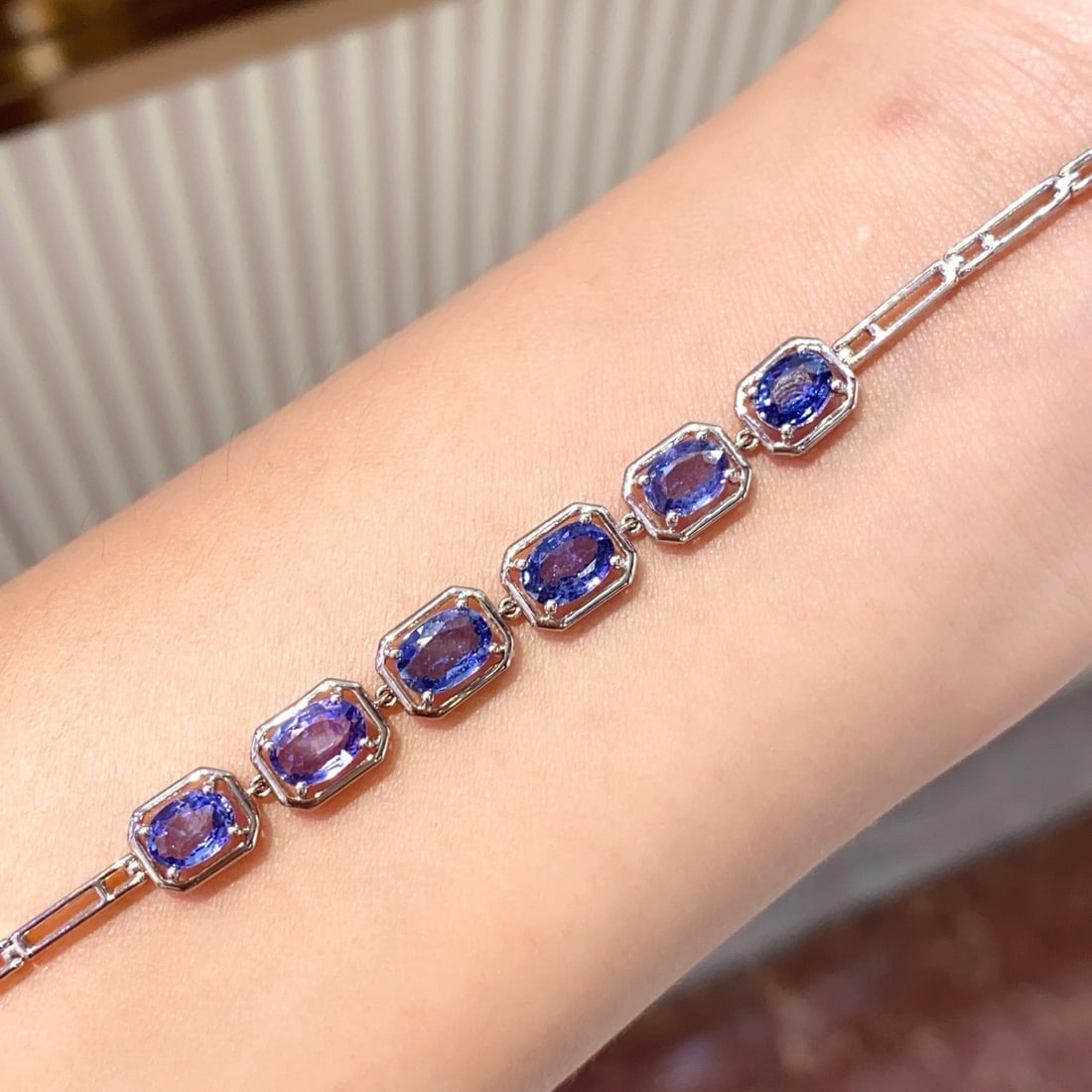 14k Gold 5.50 Ct Natural Sapphire Bracelet: Ref:231174159 // gold content:14k gold // main gemstone:sapphire // shape:oval // carat weight:5. 50ct // color:blue // treatment:natural // Condition: New Low Estimate: 7700.00 High Estimate: