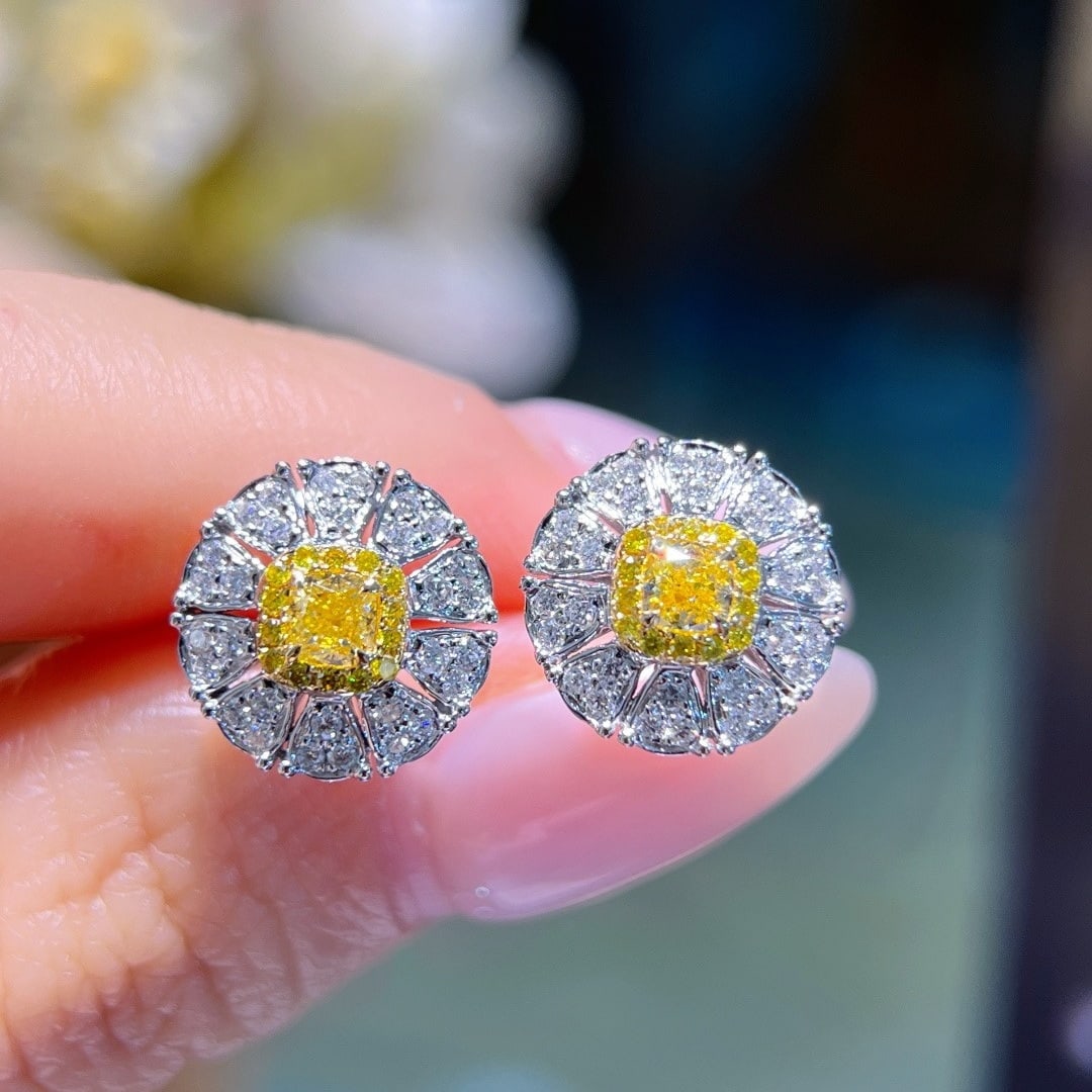 14k Gold 0.61 Ctw Natural Yellow Diamond & Diamond Earrings: Ref:231174163 // gold content:14k gold // main gemstone:yellow diamond // shape:cushion // carat weight:0. 29ct // color:yellow // treatment:natural // // adjacent gemstone 2 : diamond // shape:round