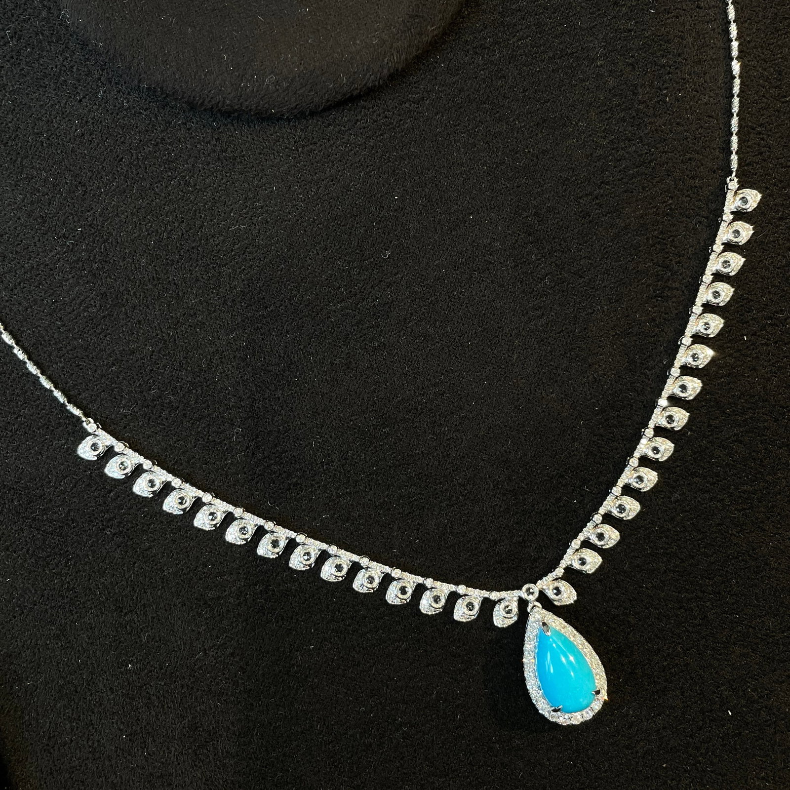 14k Gold 2.4 Ct Natural Blue Turquoise & Diamond & Sapphire Necklace: Ref:231174197 // gold content:14k gold // main gemstone:blue turquoise // shape:pear // carat weight:2. 4ct // color:blue // treatment:natural // // adjacent gemstone 2 : diamond // shape:round //