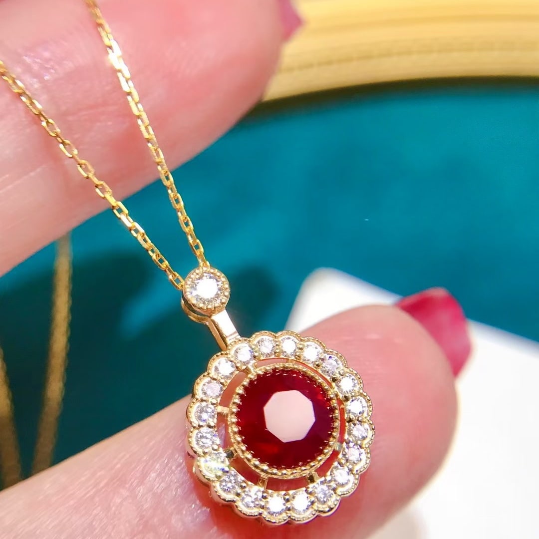 14k Gold 1.49 Ctw Natural Ruby & Diamond Pendant( Without Chain ): Ref:231174186 // gold content:14k gold // main gemstone:ruby // shape:round // carat weight:1. 2ct // color:red // treatment:natural // cut grade:g // // adjacent gemstone 2 : diamond // shape:round