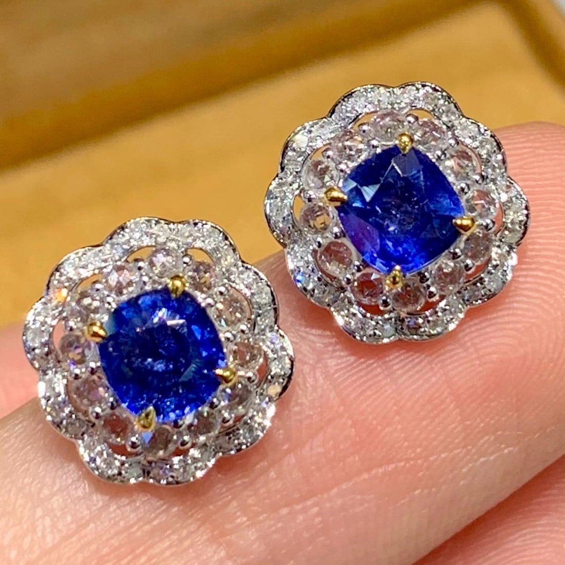 14k Gold 1 Ct Natural Blue Turquoise & Diamond & Sapphire Earrings: Ref:231174198 // gold content:14k gold // main gemstone:blue turquoise // shape:cushion // carat weight:1ct // color:blue // treatment:natural // // adjacent gemstone 2 : diamond // shape:round //