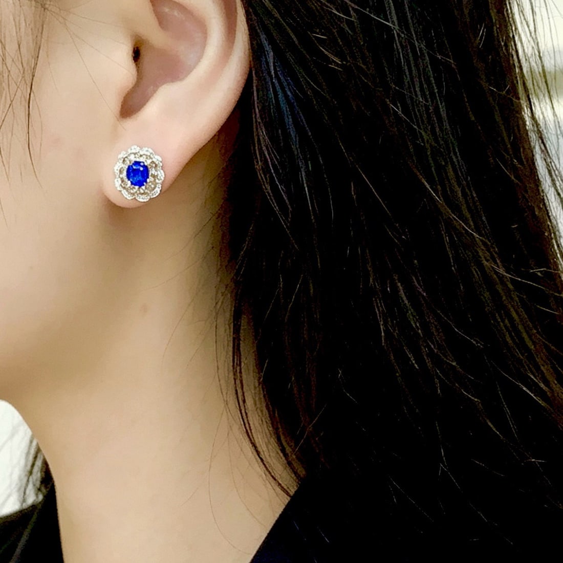 14k Gold 1 Ct Natural Blue Turquoise & Diamond & Sapphire Earrings - 5