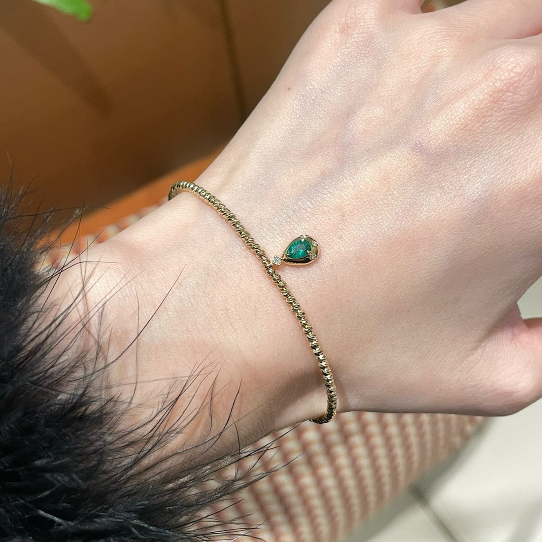 14k Gold 0.1 Ct Natural Emerald & Diamond Bangle - 3