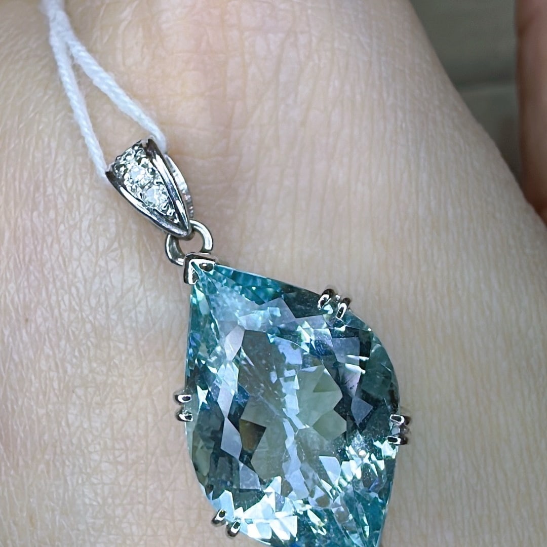 14k Gold 7.69 Ctw Natural Aquamarine & Diamond Pendant( Without Chain ) - 3