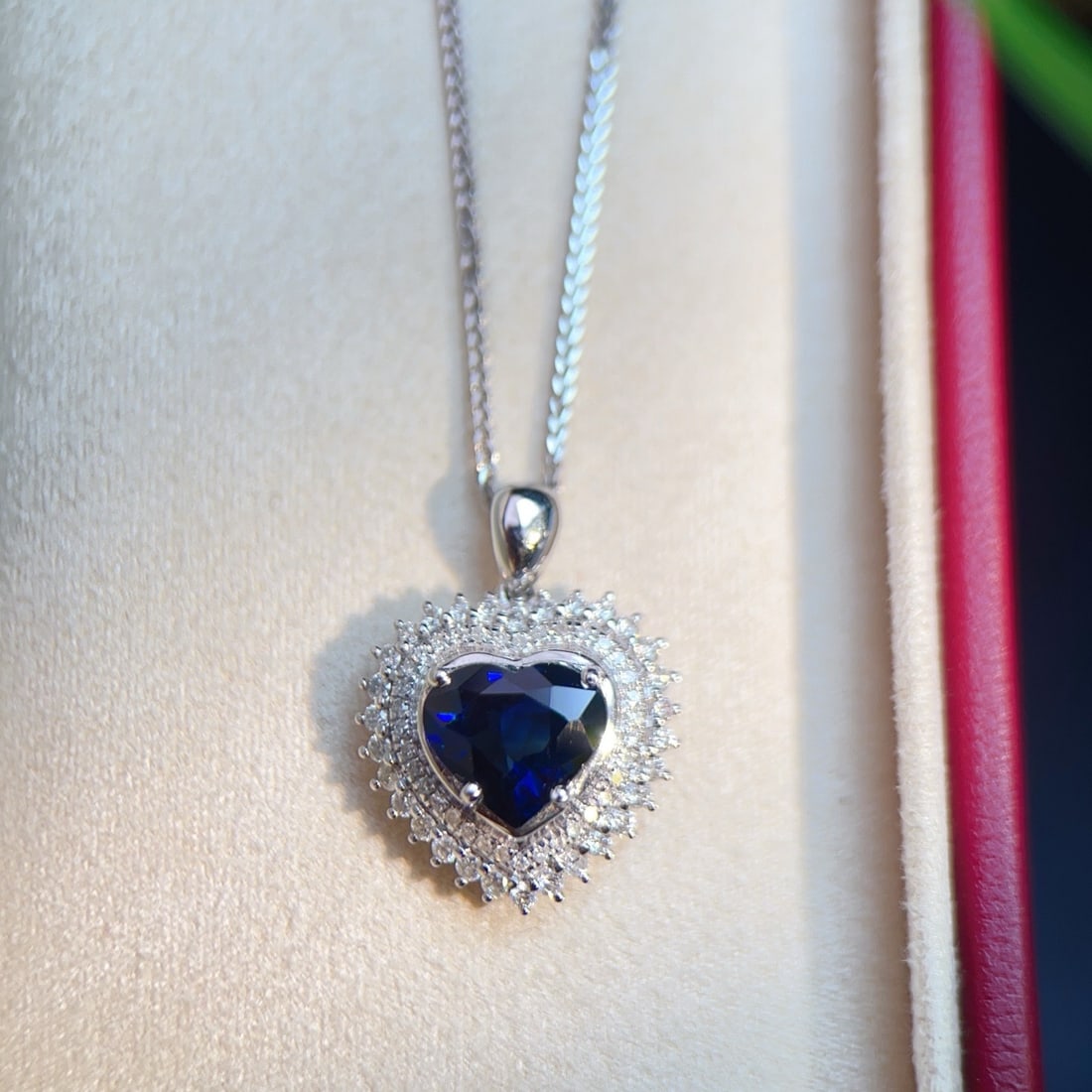 14k Gold 2.40 Ctw Vivid Blue Natural Sapphire & Diamond Pendant( Without Chain ): Ref:231174216 // gold content:14k gold // main gemstone:sapphire // shape:heart // carat weight:2ct // color:vivid blue // treatment:natural // // adjacent gemstone 2 : diamond // number of stones:65
