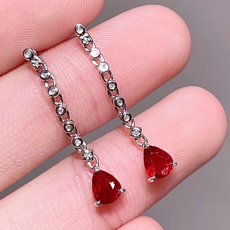 14k Gold 1 Ct Vivid Red Natural Ruby & Diamond Earrings - 2