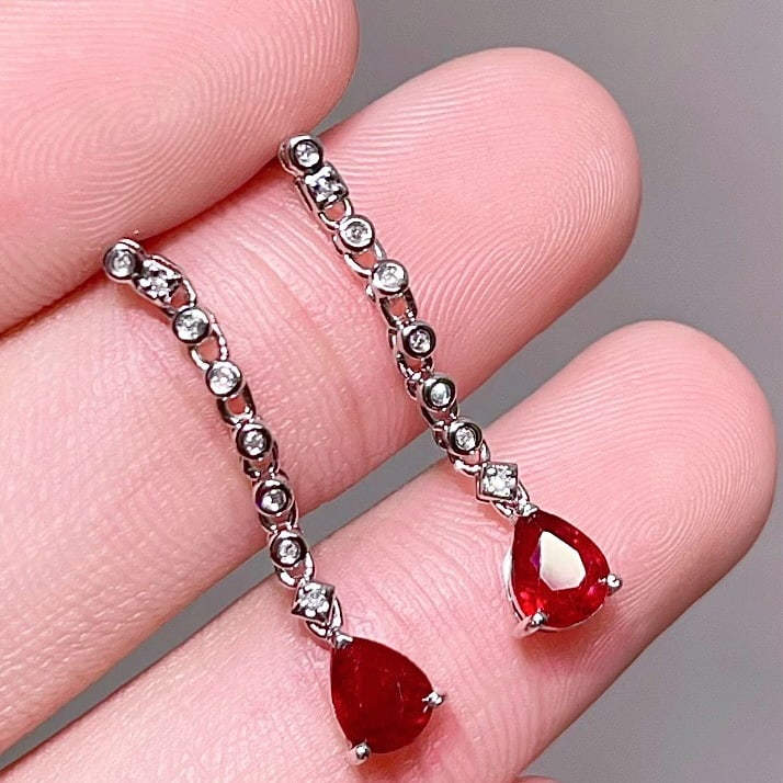 14k Gold 1 Ct Vivid Red Natural Ruby & Diamond Earrings - 3
