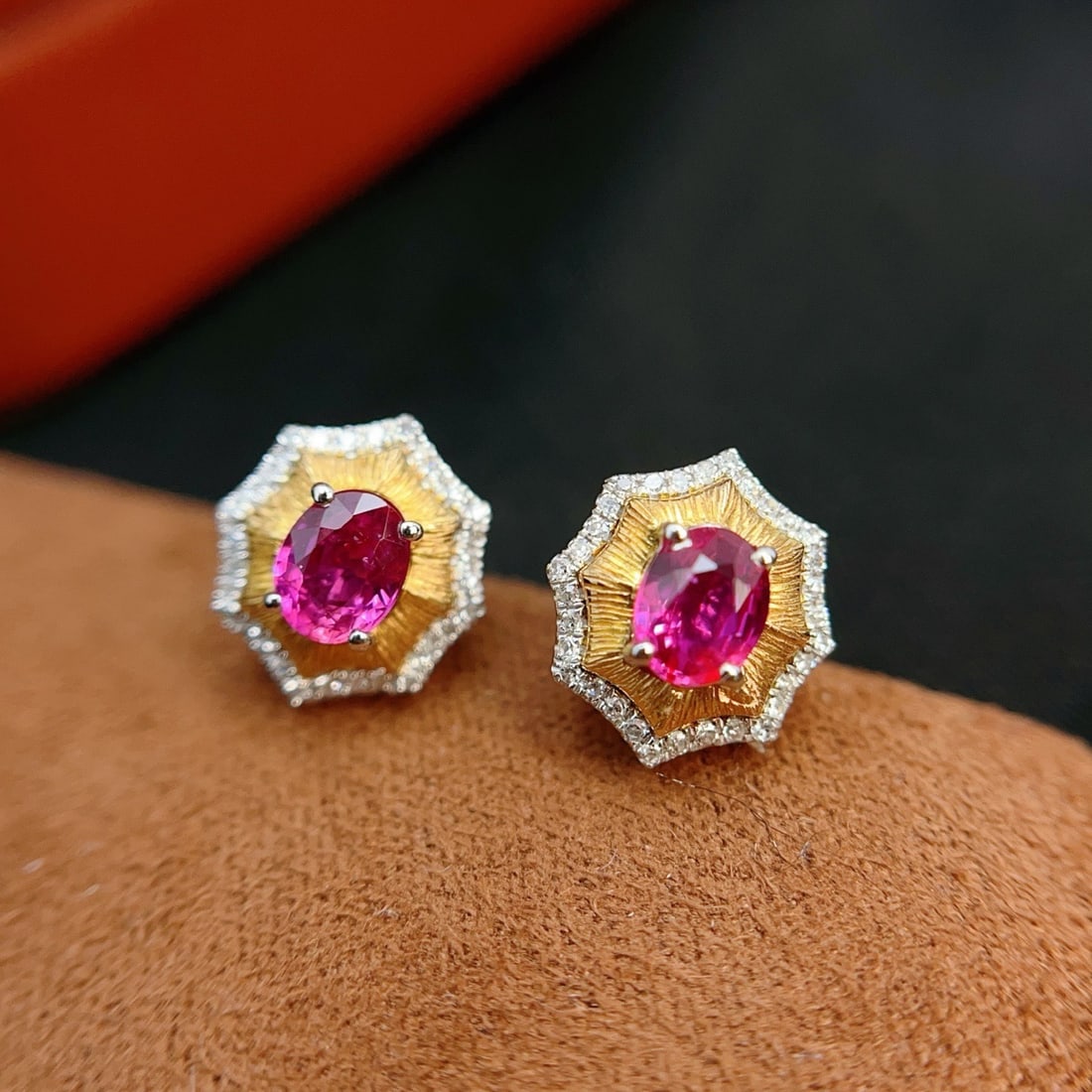 14k Gold 1.00 Ct Natural Ruby & Diamond Earrings - 2