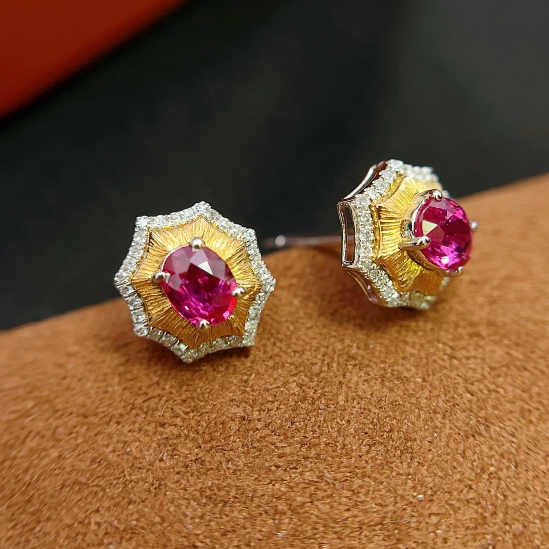 14k Gold 1.00 Ct Natural Ruby & Diamond Earrings - 4