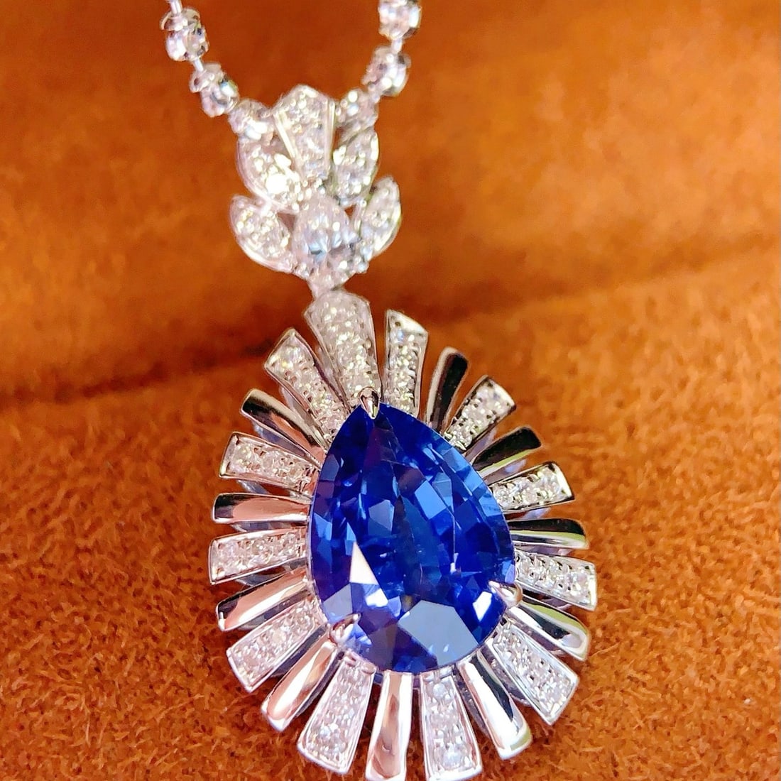 14k Gold 2.3 Ct Natural Sapphire & Diamond Pendant( Without Chain ): Ref:231174269 // gold content:14k gold // main gemstone:sapphire // shape:pear // carat weight:2. 3ct // color:blue // treatment:natural // // adjacent gemstone 2 : diamond // number of stones:51 //