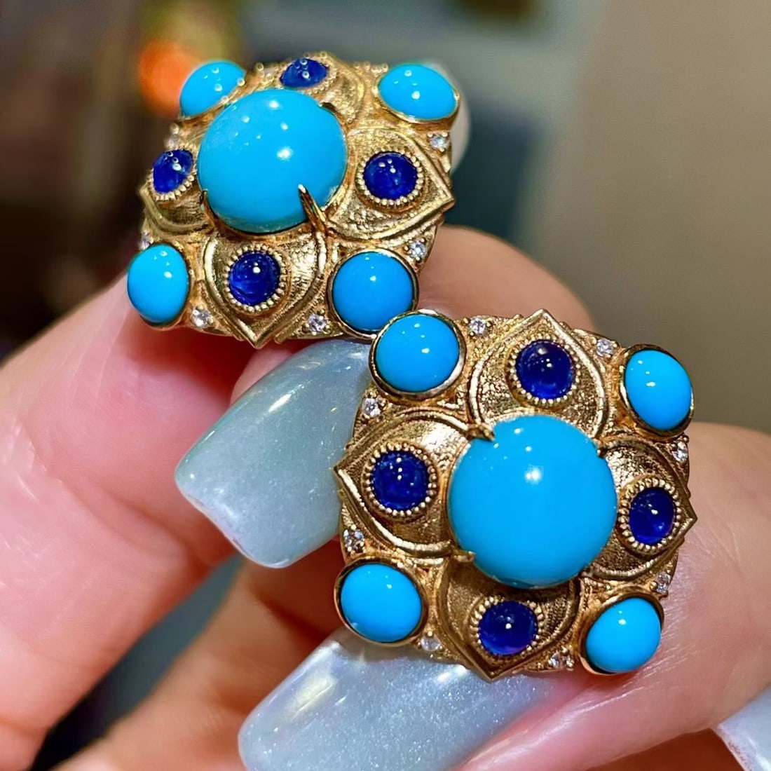 14k Gold 7.52 Ctw Natural Blue Turquoise & Sapphire Earrings - 2