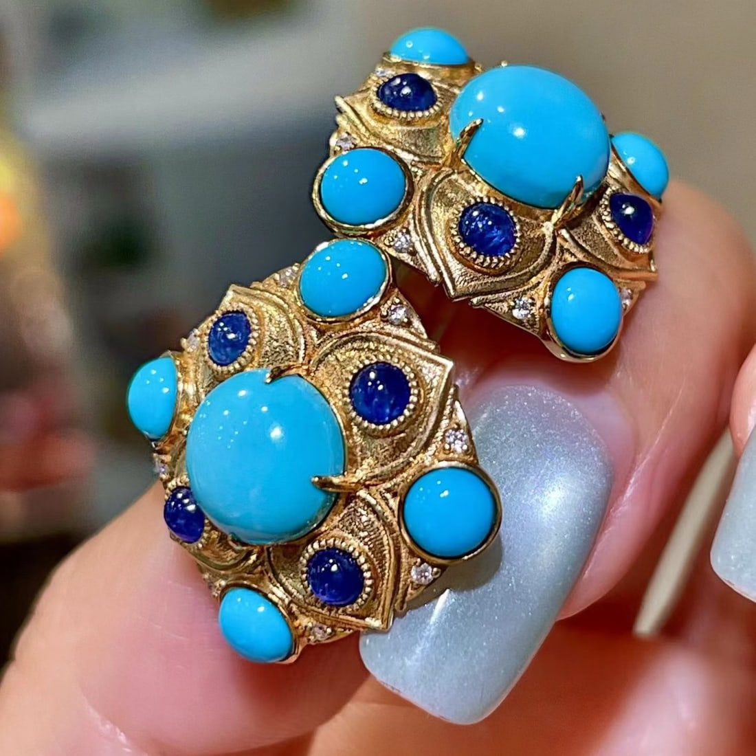 14k Gold 7.52 Ctw Natural Blue Turquoise & Sapphire Earrings - 3